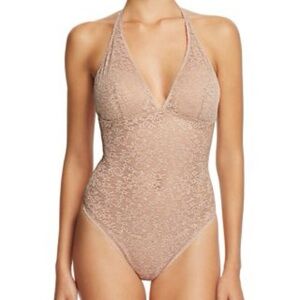 Yummie brand Cooper Halter Lace Bodysuit in Nude XL